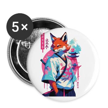Kitsune Samurai Fuchs Aesthetic Vaporwave Stil - Buttons groß 56 mm (5er Pack) - Weiß - Vorne
