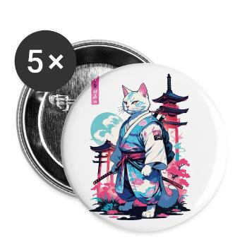 Samurai Katze Vaporwave Aesthetic Japan Style - Buttons groß 56 mm (5er Pack) - Weiß - Vorne