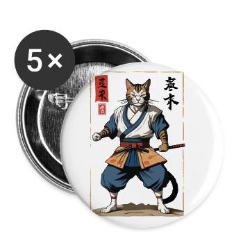 Samurai Katze Vintage Ukiyo-E Japanischer Samurai - Buttons groß 56 mm (5er Pack) - Weiß - Vorne