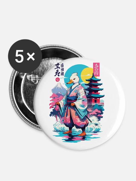Samurai Ente Aesthetic Vaporwave Stil Japanisches - Buttons groß 56 mm (5er Pack) - Weiß