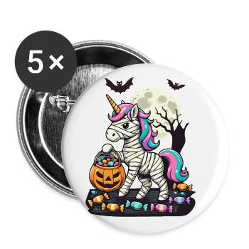 Lustige Einhorn Mumie Liebt Süßigkeiten - Buttons groß 56 mm (5er Pack) - Weiß - Vorne
