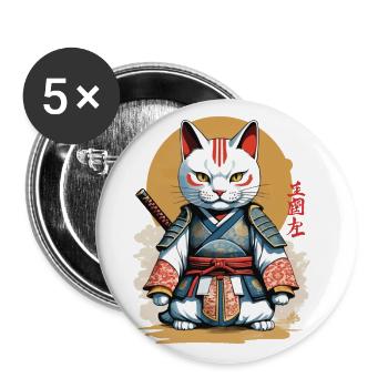 Samurai Cat Japanese Artwork Anime Design - Buttons large 2.2''/56 mm (5-pack) - white - Front