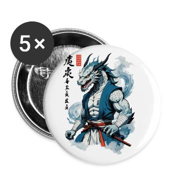 Drachen Samurai Vintage Ukiyo-e Stil Asiatischer - Buttons groß 56 mm (5er Pack) - Weiß - Vorne