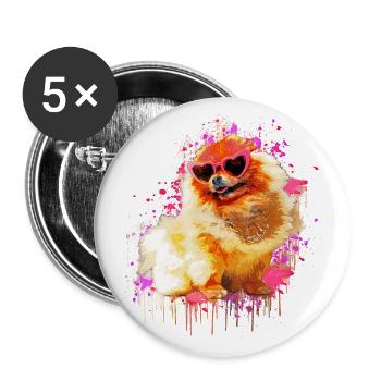 Zwergspitz mit Sonnenbrille Pommeranischer Spitz - Buttons groß 56 mm (5er Pack) - Weiß - Vorne