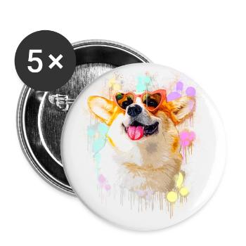Chien corgi avec lunettes de soleil - Lot de 5 grands badges (56 mm) - blanc - Devant