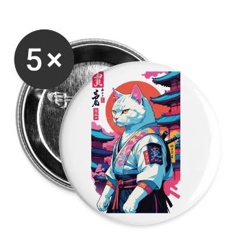 Samurai Katze Vaporwave Aesthetic Japan Kunst - Buttons groß 56 mm (5er Pack) - Weiß - Vorne
