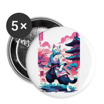 Samurai Katze Vaporwave Aesthetic Japan Kunst - Buttons groß 56 mm (5er Pack) - Weiß - Vorne