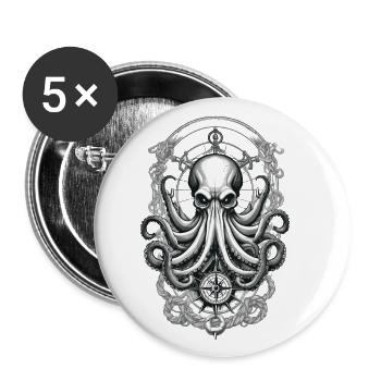 Krake Seeungeheuer Hobby Fischer Seefahrer - Buttons groß 56 mm (5er Pack) - Weiß - Vorne