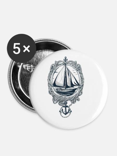Elegantes Segelboot Mit Anker - Buttons groß 56 mm (5er Pack) - Weiß