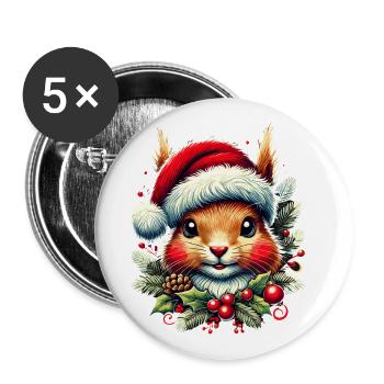 Weihnachtliches Eichhörnchen Mit Weihnachtsmütze - Buttons groß 56 mm (5er Pack) - Weiß - Vorne