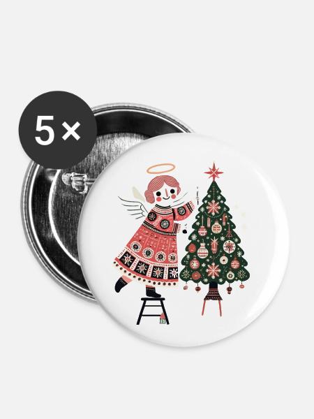 Engel Schmückt Weihnachtlichen Baum im Vintage - Buttons groß 56 mm (5er Pack) - Weiß