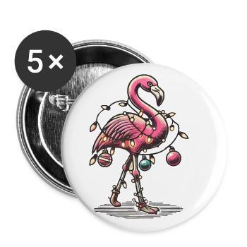 Flamant rose de Noël drôle avec des guirlandes lumineuses - Lot de 5 grands badges (56 mm) - blanc - Devant