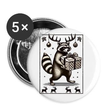 Weihnachtlicher Waschbär Mit Geschenk - Buttons groß 56 mm (5er Pack) - Weiß - Vorne
