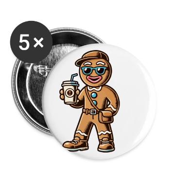 Lustiger Lebkuchenmann Mit Kaffee Für Weihnachten - Buttons groß 56 mm (5er Pack) - Weiß - Vorne