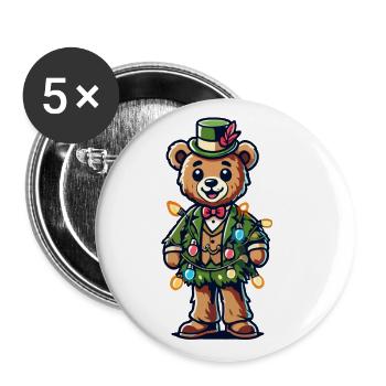 Ours de Noël de dessin animé vintage avec des guirlandes lumineuses - Lot de 5 grands badges (56 mm) - blanc - Devant