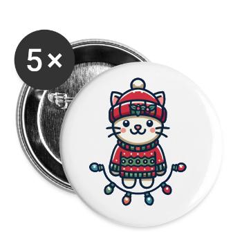 Chat de Noël mignon avec des guirlandes lumineuses - Lot de 5 grands badges (56 mm) - blanc - Devant