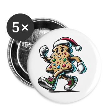 Fröhlicher Lebkuchenmann mit Weihnachtsmütze - Buttons groß 56 mm (5er Pack) - Weiß - Vorne