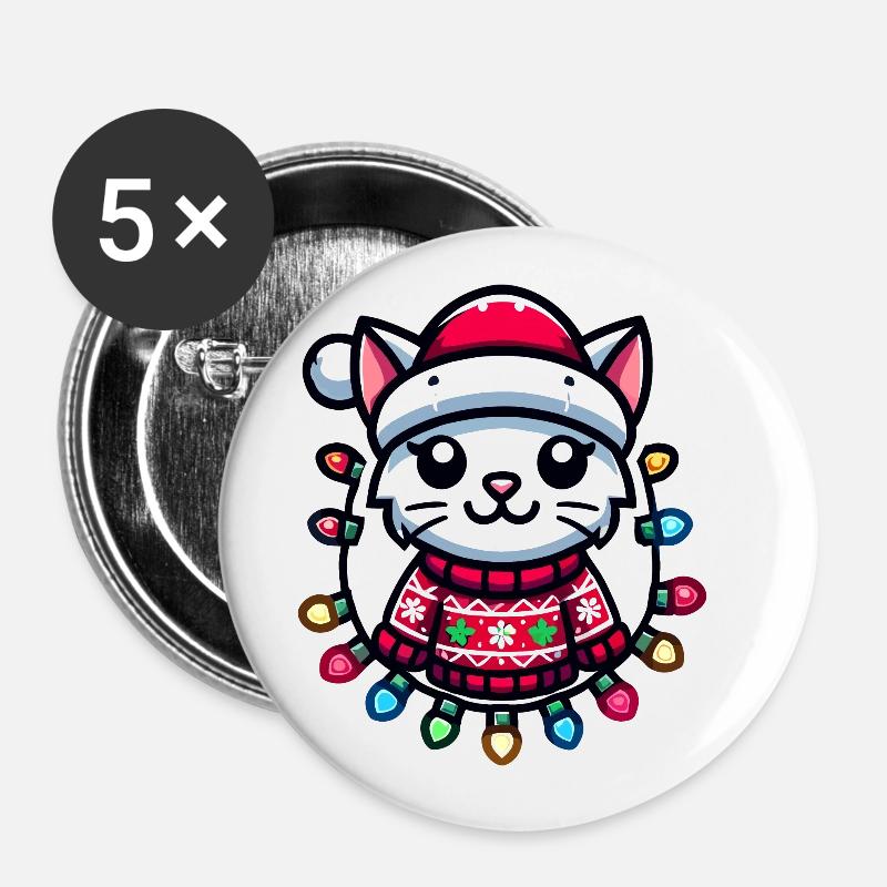 Weihnachtliche Katze Mit Lichterkette - Buttons groß 56 mm (5er Pack) - Weiß