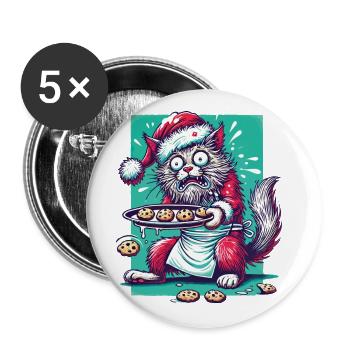 Katze Weihnachten Keks Chaos Spaß - Buttons groß 56 mm (5er Pack) - Weiß - Vorne