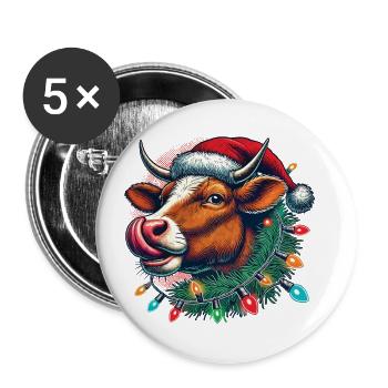 Christmas Funny Cow with Fairy Lights - Buttons large 2.2''/56 mm (5-pack) - white - Front