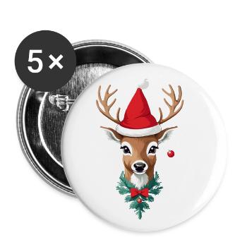 Joyeux Noël Renne avec chapeau - Lot de 5 grands badges (56 mm) - blanc - Devant