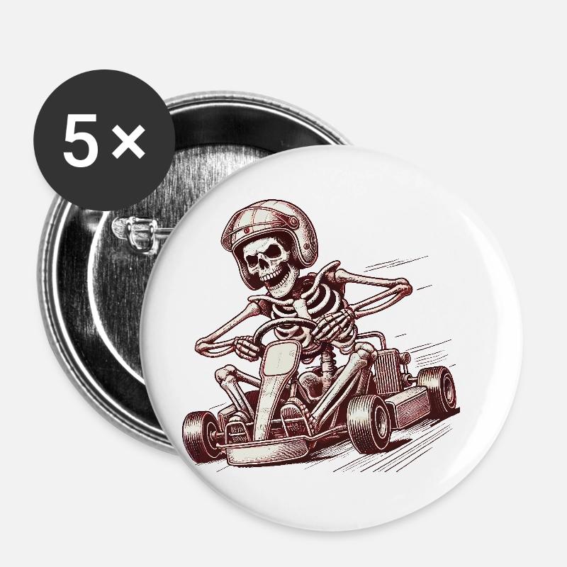 Skeleton Go-Kart Retro Adventure - Buttons large 2.2''/56 mm (5-pack) - white