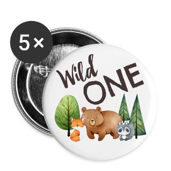 1er anniversaire Animaux de la forêt Renard Ours Raton laveur - Lot de 5 grands badges (56 mm) - blanc - Devant
