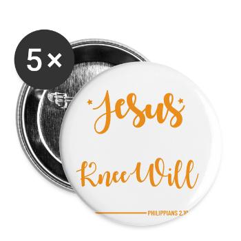 Par le nom de Jésus, tous les genoux se plieront - Lot de 5 grands badges (56 mm) - blanc - Devant