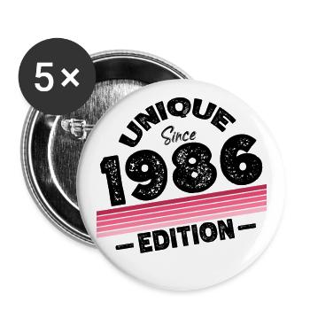 Unique seit 1986 Edition Geburtstag Vintage 1986 - Buttons groß 56 mm (5er Pack) - Weiß - Vorne