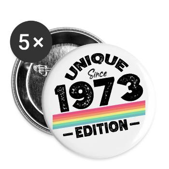 Unique depuis 1973 Edition Anniversaire Millésime 1973 - Lot de 5 grands badges (56 mm) - blanc - Devant
