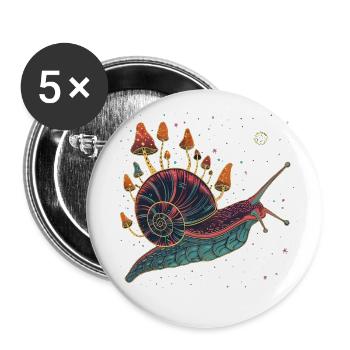 Bunte surreale Schnecke mit Pilzen - Buttons groß 56 mm (5er Pack) - Weiß - Vorne