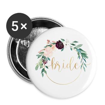 Team Bride! Pfirsich Bordeaux Blumen Kranz - Buttons groß 56 mm (5er Pack) - Weiß - Vorne