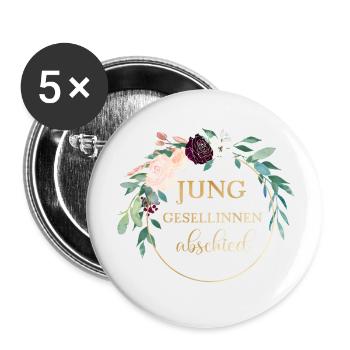 Team Braut- Junggesellinnenabschied! Blumen Kranz - Buttons groß 56 mm (5er Pack) - Weiß - Vorne