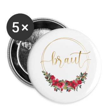 Team Braut! Floral Kranz personalisierbar Herz - Buttons groß 56 mm (5er Pack) - Weiß - Vorne