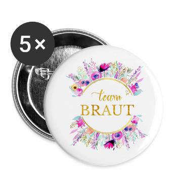 Team Braut! Kreis Floral Kranz - Buttons groß 56 mm (5er Pack) - Weiß - Vorne