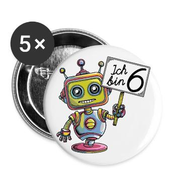 Sechs Jahre 6. Geburtstag kleiner Roboter mit Hut - Buttons groß 56 mm (5er Pack) - Weiß - Vorne