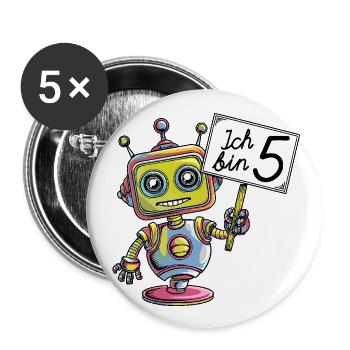 Fünf Jahre 5. Geburtstag kleiner bunter Roboter - Buttons groß 56 mm (5er Pack) - Weiß - Vorne