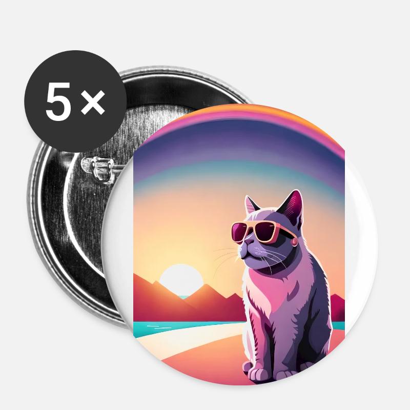 Synthwave Regenbogen Katze - Buttons groß 56 mm (5er Pack) - Weiß