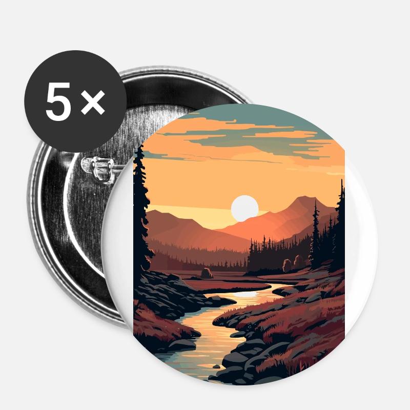 Bach Wald Sonnenuntergang - Buttons groß 56 mm (5er Pack) - Weiß