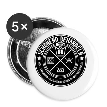 Farben änderbar | Schonend Behandeln 60er Geschenk - Buttons groß 56 mm (5er Pack) - Weiß - Vorne