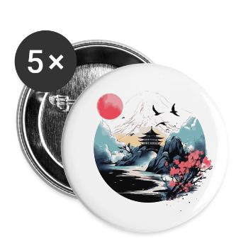 Japanese Mountain, Water & Pagoda Scene - Buttons large 2.2''/56 mm (5-pack) - white - Front