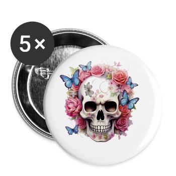 Skull Skull Roses Flowers Butterflies - Buttons large 2.2''/56 mm (5-pack) - white - Front