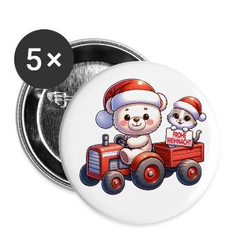 Teddy als Weihnachtsmann mit Traktor und Kätzchen - Buttons groß 56 mm (5er Pack) - Weiß - Vorne