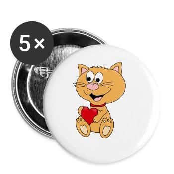 KATZE - HERZ - LIEBE - LOVE - TIERLIEB - TIERISCH - Buttons groß 56 mm (5er Pack) - Weiß - Vorne