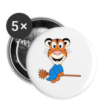 TIGER - HEXE - HEXENBESEN - TIER - KIND - BABY - Buttons groß 56 mm (5er Pack) - Weiß - Vorne