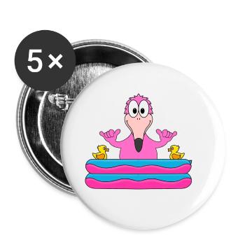 FLAMINGO - PLANSCHBECKEN - SOMMER - BADEN - SHAKA - Buttons groß 56 mm (5er Pack) - Weiß - Vorne