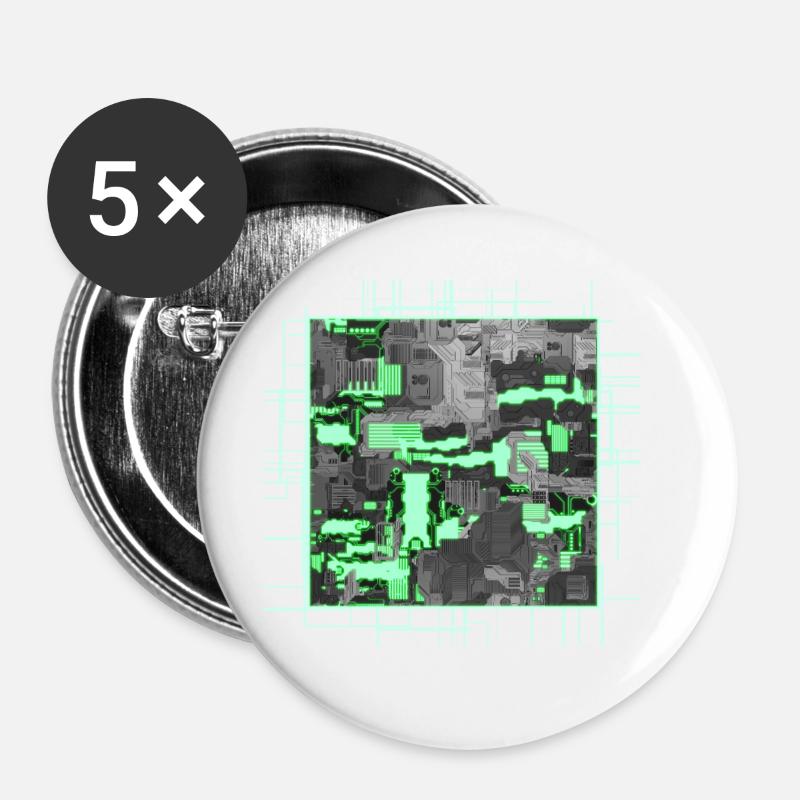Green Stylized Motherboard - Buttons large 2.2''/56 mm (5-pack) - white