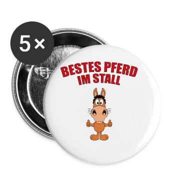 BESTES PFERD IM STALL - REITEN - PONY - PFERDE - Buttons groß 56 mm (5er Pack) - Weiß - Vorne