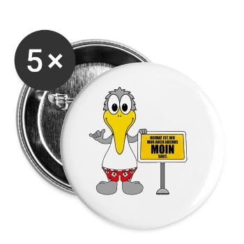 MÖWE - HEIMAT IST, WO MAN AUCH ABENDS MOIN SAGT. - Buttons groß 56 mm (5er Pack) - Weiß - Vorne