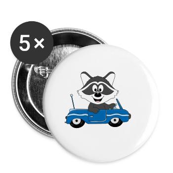 AUTO - WASCHBÄR - AUTOFAHRER - TIER - TIERISCH - Buttons groß 56 mm (5er Pack) - Weiß - Vorne